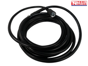 Coiled black high-pressure hose with metal end fittings, black connector, printed markings, and a logo in the top right corner.