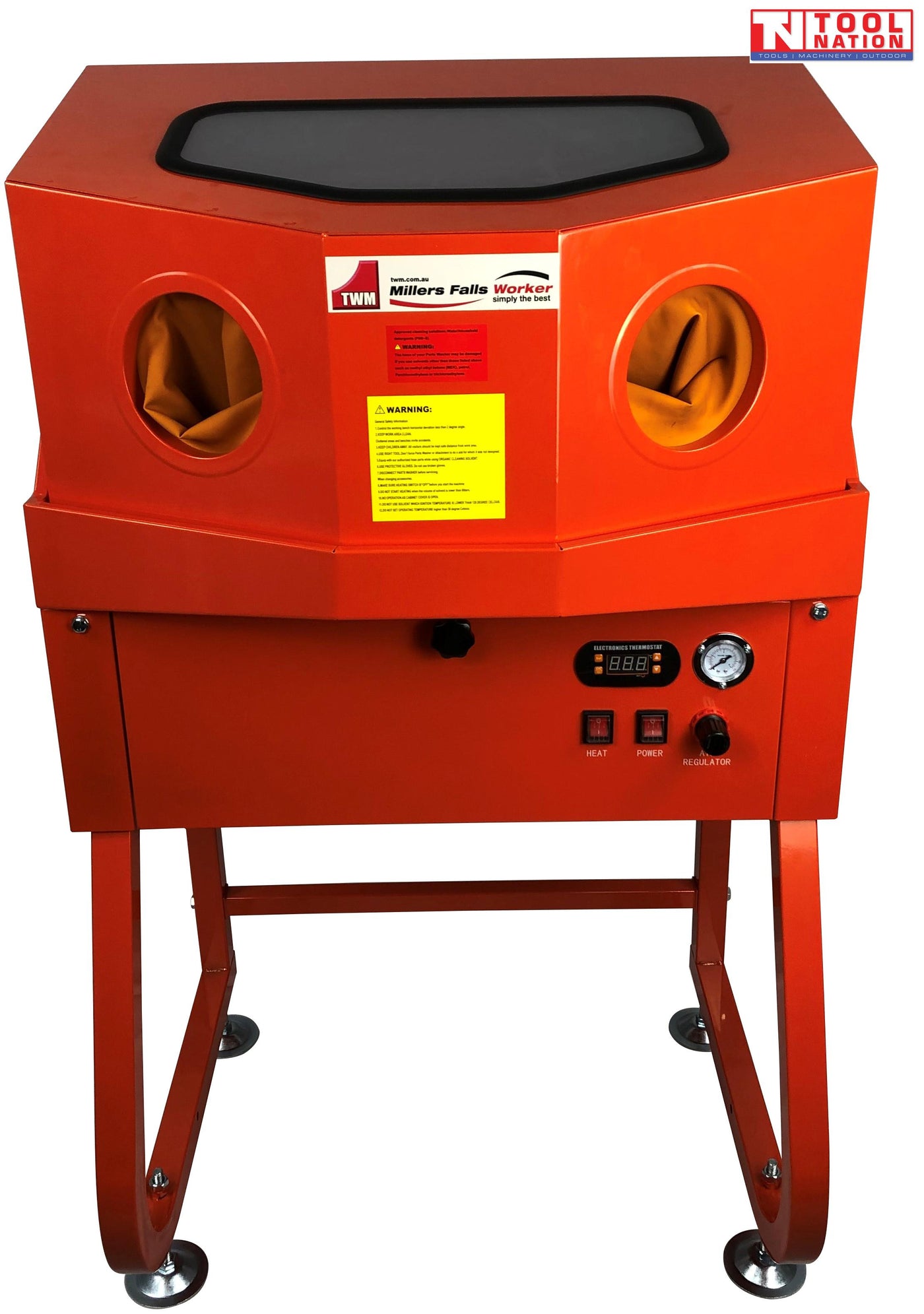 Enclosed parts washer front view with viewing window, glove ports, control panel, and stand