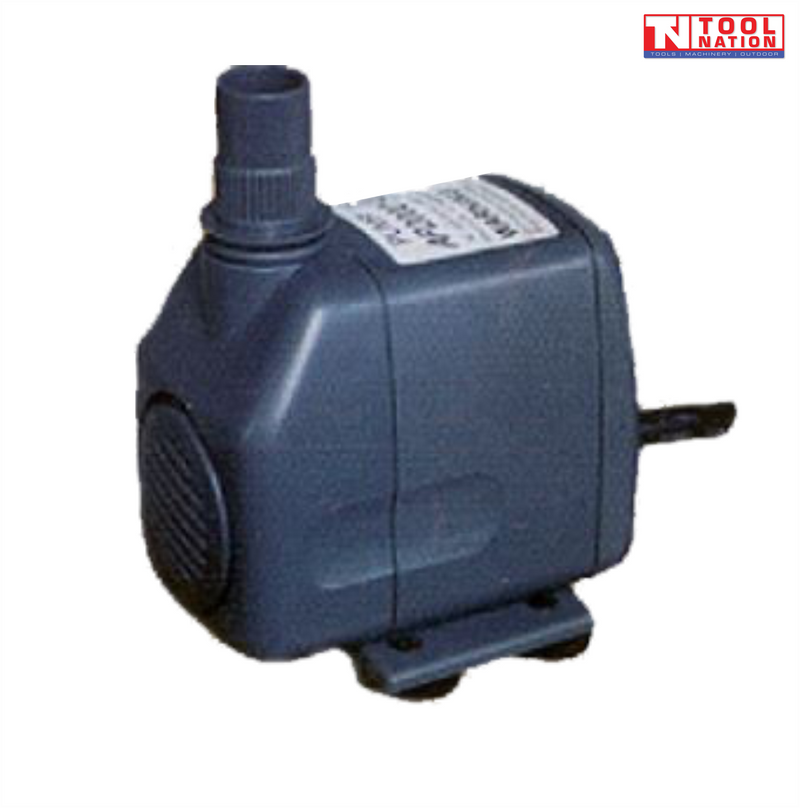 Close-up of compact dark gray pump with top outlet, front intake grill, and power cord