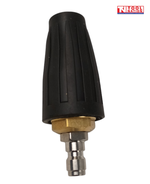 Black turbo nozzle with brass fitting, silver quick-connect end, and a logo in the top right corner.