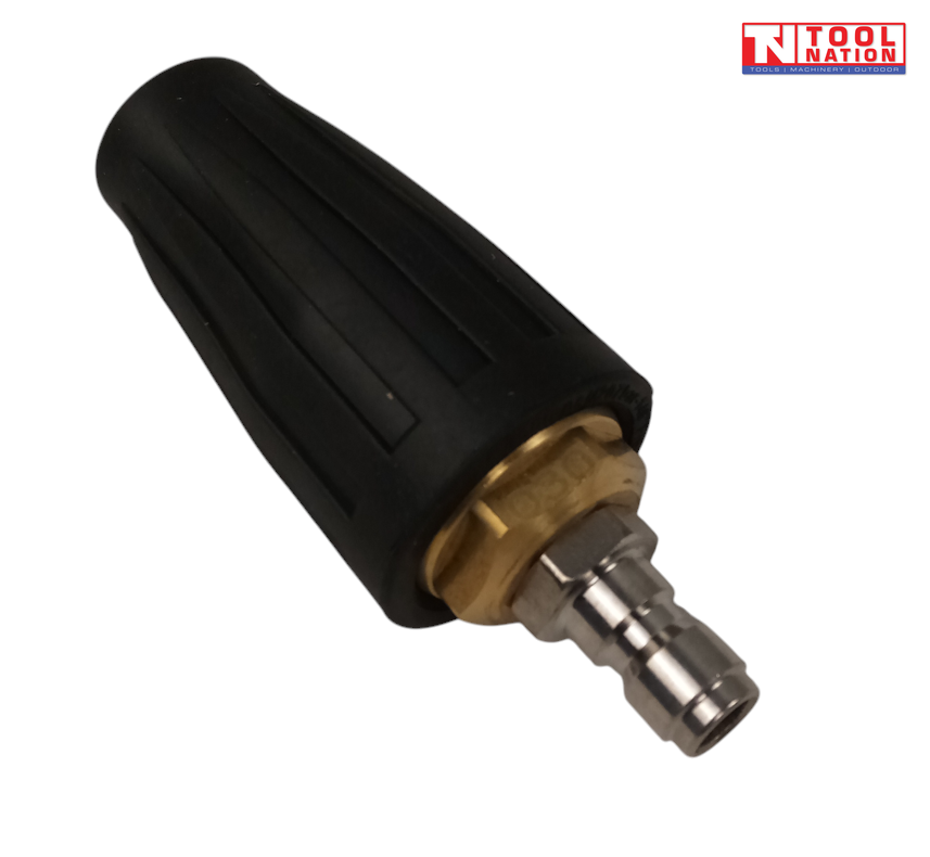Angled view of a black turbo nozzle with brass fitting, silver quick-connect end, and a logo in the top right corner.