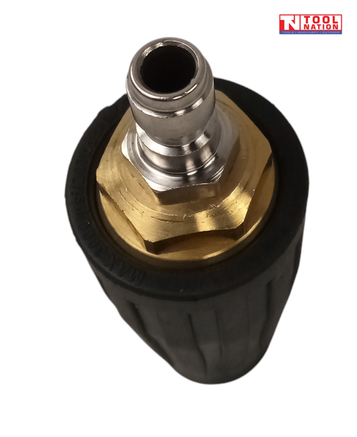 Close-up of the silver quick-connect end and brass fitting on a black turbo nozzle, with a logo in the top right corner.