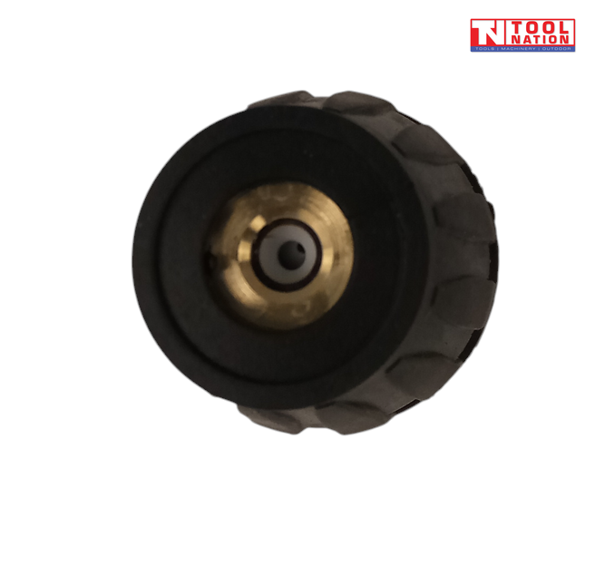 Front view of a black turbo nozzle showing the round nozzle opening, brass centre, and a logo in the top right corner.