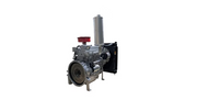 Silver diesel engine shown from the flywheel side with a red air filter, vertical silver exhaust, black radiator and metal frame supports visible.