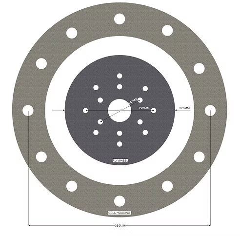 Circular flywheel and bell housing diagram with bolt holes, centre opening and dimension markings.