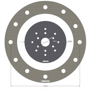 Circular flywheel and bell housing diagram with bolt holes, centre opening and dimension markings.
