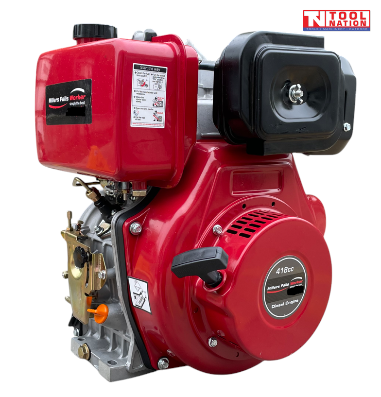 Red and black diesel engine shown at an angle with fuel tank, recoil housing, black air filter cover, labels and Tool Nation logo.