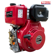 Red and black diesel engine shown at an angle with fuel tank, recoil housing, black air filter cover, labels and Tool Nation logo.