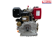 Red, black and silver diesel engine shown from the side with fuel tank, output shaft, black exhaust cover and Tool Nation logo.