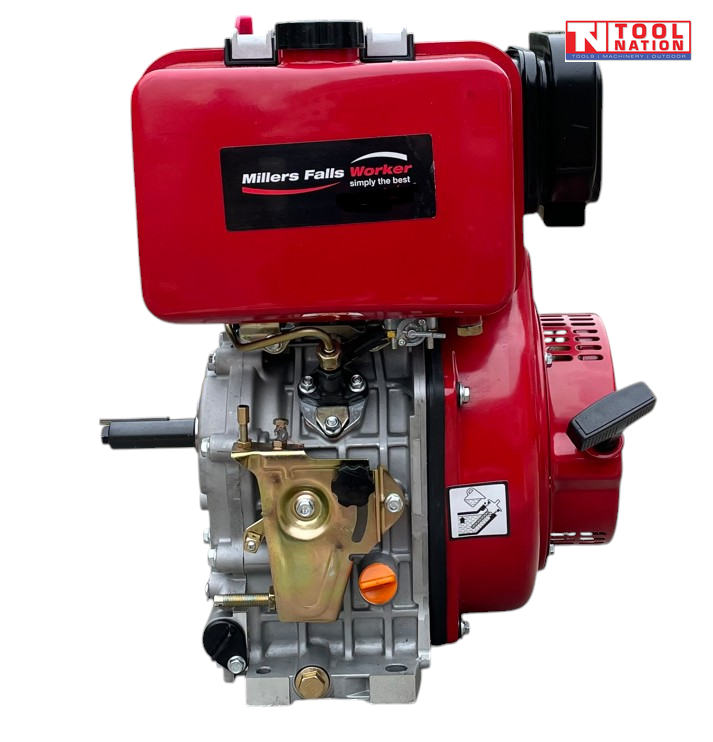 Red, black and silver diesel engine shown from the side with fuel tank, output shaft, recoil housing, labels and Tool Nation logo.