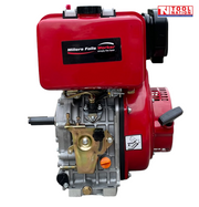 Red, black and silver diesel engine shown from the side with fuel tank, output shaft, recoil housing, labels and Tool Nation logo.