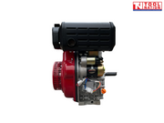 Red, black and silver diesel engine shown from the side with black exhaust cover, starter motor, wiring, output shaft and Tool Nation logo.