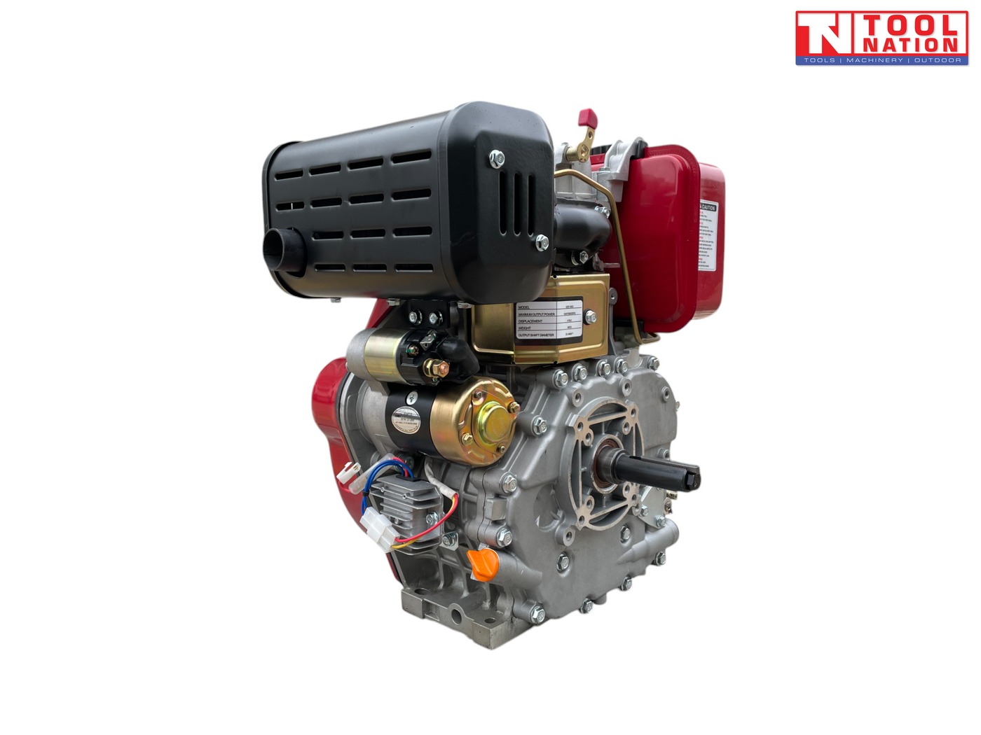 Red, black and silver diesel engine shown at an angle with black exhaust cover, output shaft, wiring, starter motor and Tool Nation logo.