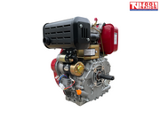 Red, black and silver diesel engine shown at an angle with black exhaust cover, output shaft, wiring, starter motor and Tool Nation logo.