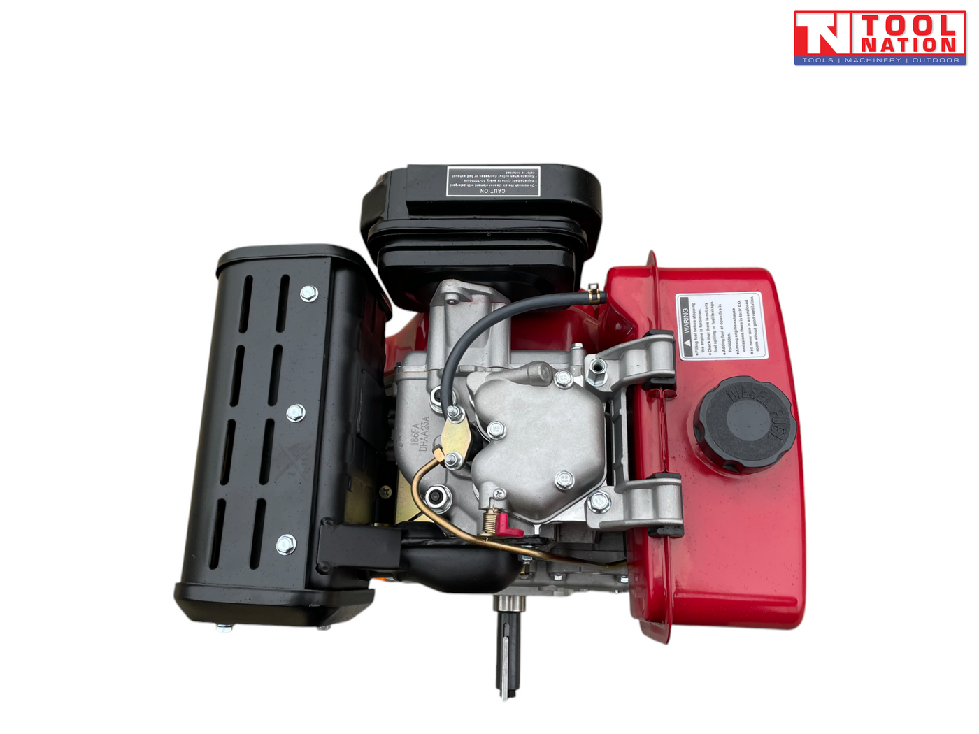 Top view of a red, black and silver diesel engine showing the fuel tank, black exhaust cover, shaft, hoses and Tool Nation logo.