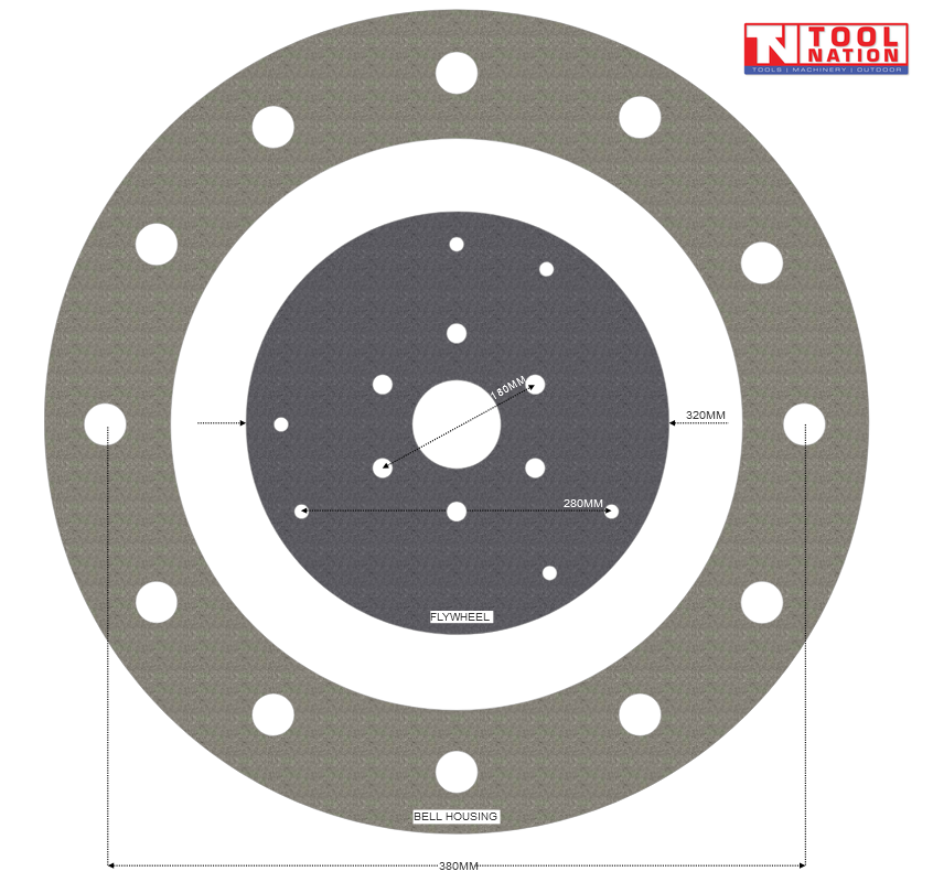 Circular flywheel and bell housing diagram with bolt holes, centre opening, dimension markings and Tool Nation logo.