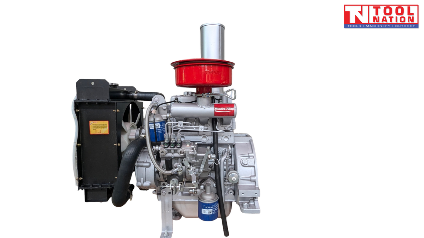 Silver diesel engine shown from the side with a black radiator, red air filter, vertical silver exhaust, blue filters, hoses and Tool Nation logo.