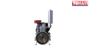 Diesel engine shown from the flywheel end with a large circular flywheel, red air filter, vertical silver exhaust and Tool Nation logo.
