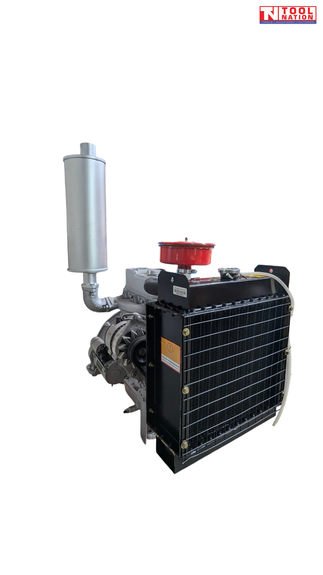 Diesel engine shown from the radiator side with a black radiator, vertical silver exhaust, red air filter, hoses and Tool Nation logo.