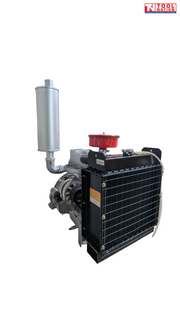 Diesel engine shown from the radiator side with a black radiator, vertical silver exhaust, red air filter, hoses and Tool Nation logo.