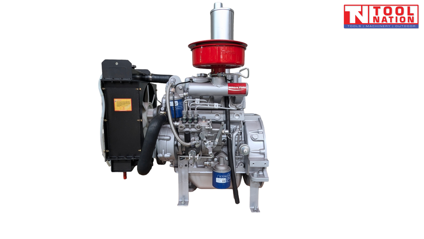 Silver diesel engine shown from the side with a black radiator, red air filter, vertical silver exhaust, blue filters, hoses and Tool Nation logo.