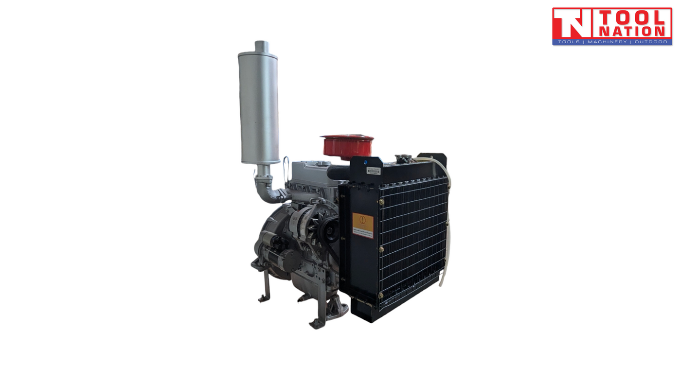 Silver diesel engine shown from the radiator side with a black radiator, vertical silver exhaust, red air filter, hoses and Tool Nation logo.