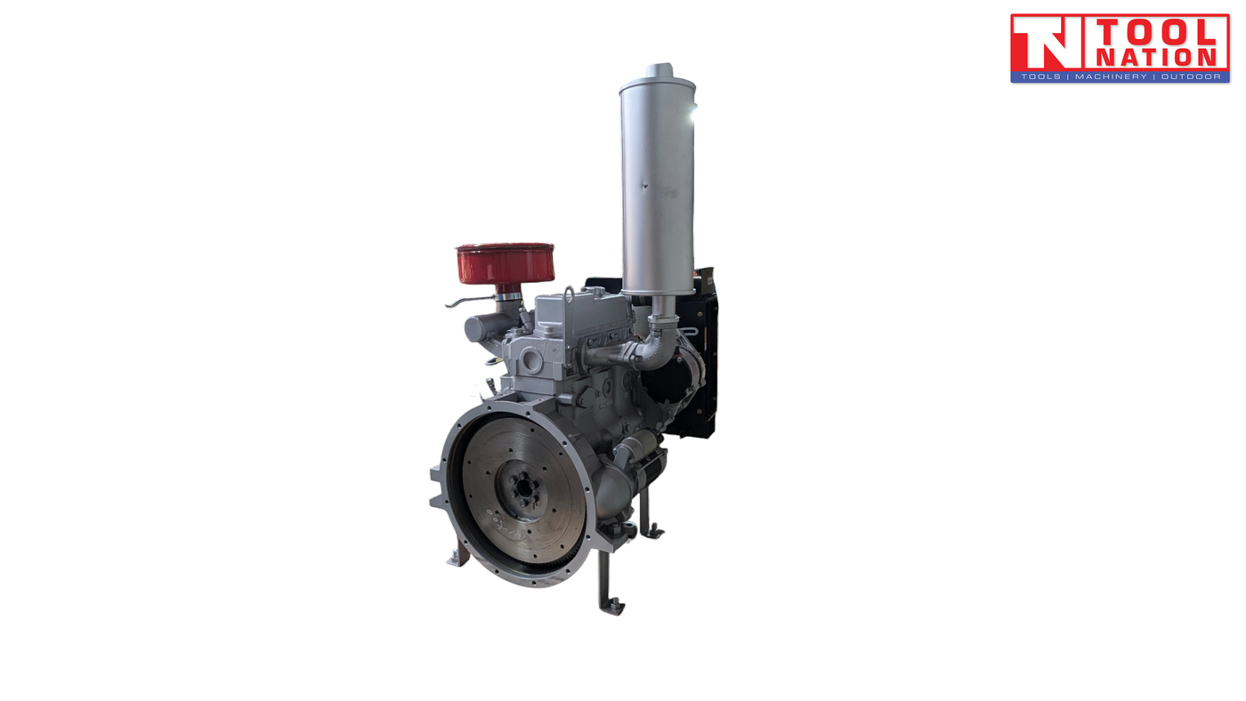 Silver diesel engine shown from the flywheel side with a large circular flywheel, red air filter, vertical silver exhaust and Tool Nation logo.
