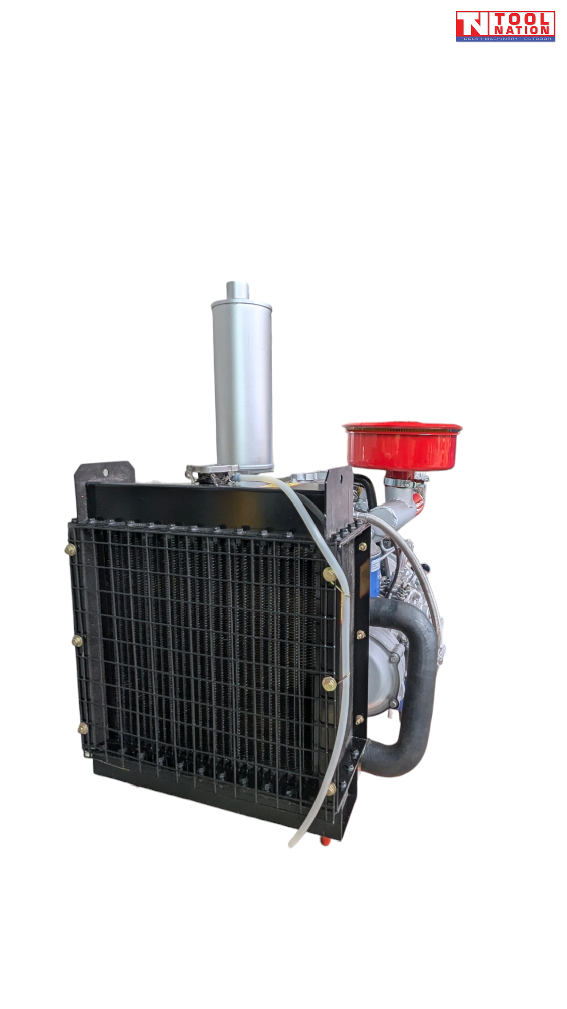 Close view of a diesel engine radiator side showing a black radiator, vertical silver exhaust, red air filter and hoses with Tool Nation logo.