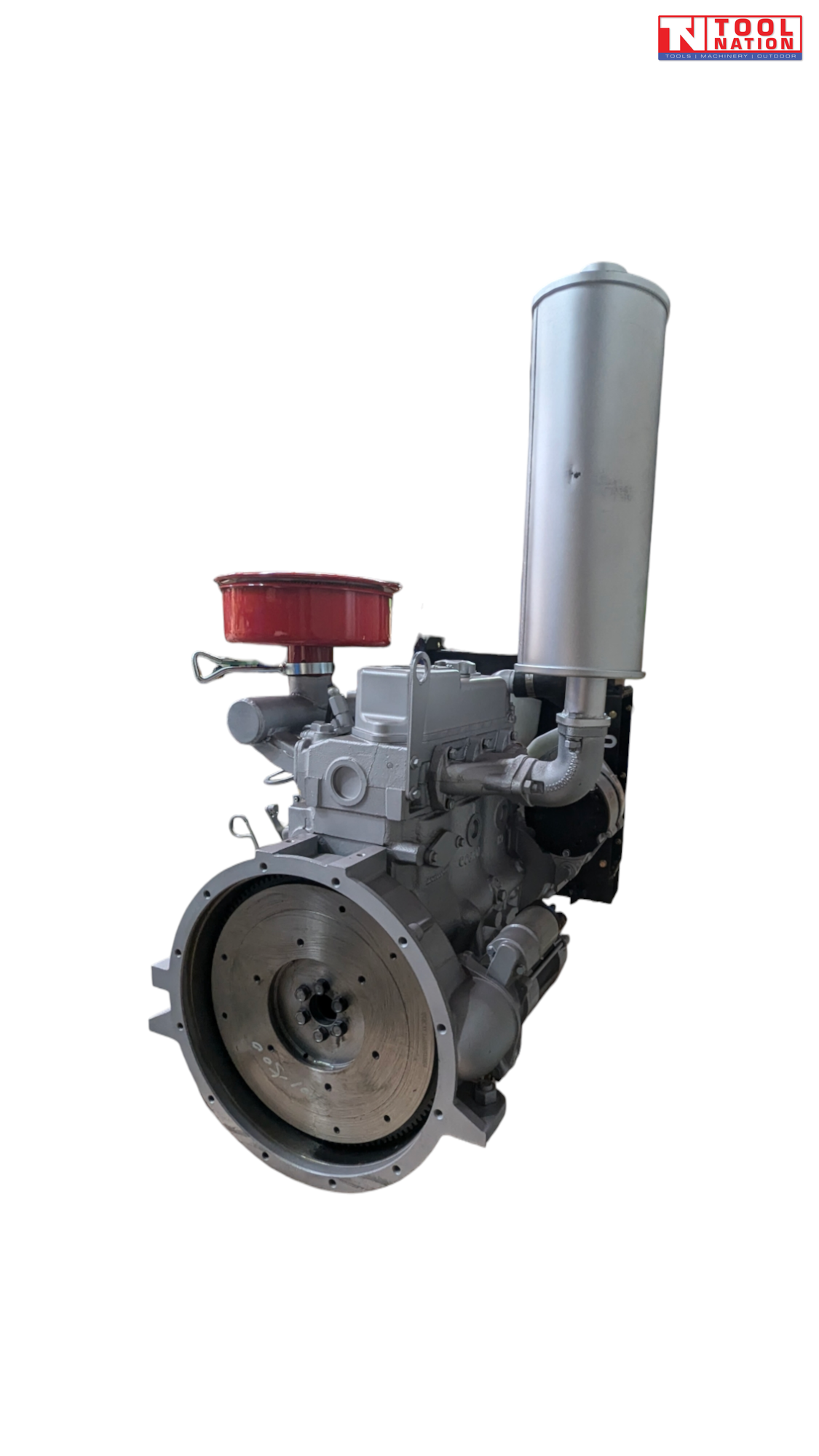 Close view of a silver diesel engine flywheel side showing the circular flywheel, red air filter and vertical silver exhaust with Tool Nation logo.