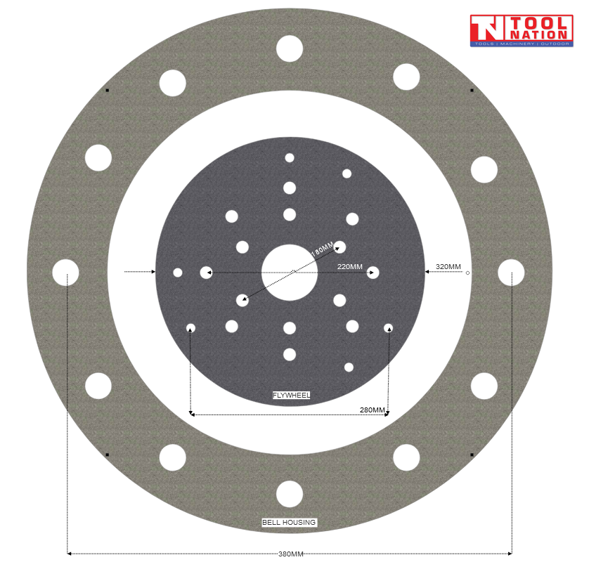 Circular flywheel and bell housing diagram with bolt holes, centre opening, dimension markings and Tool Nation logo.