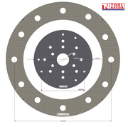 Circular flywheel and bell housing diagram with bolt holes, centre opening, dimension markings and Tool Nation logo.