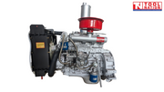Silver diesel engine shown from the side with a black radiator, red air filter, vertical silver exhaust, blue filters, hoses and Tool Nation logo.
