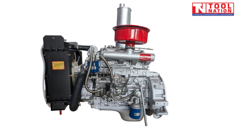 Silver diesel engine shown from the side with a black radiator, red air filter, vertical silver exhaust, blue filters, hoses and Tool Nation logo.