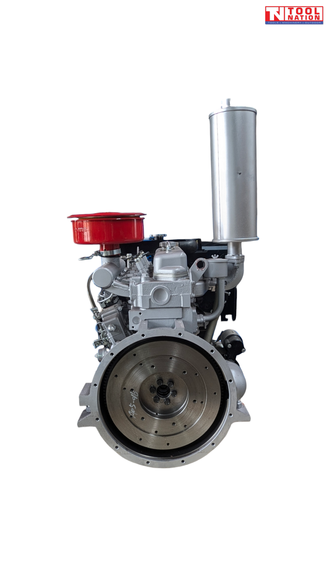 Diesel engine shown from the flywheel end with a large circular flywheel, red air filter, vertical silver exhaust and Tool Nation logo.