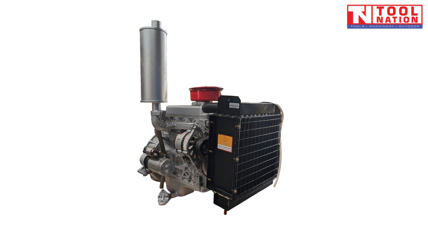 Silver diesel engine shown from the radiator side with a black radiator, vertical silver exhaust, red air filter and Tool Nation logo.