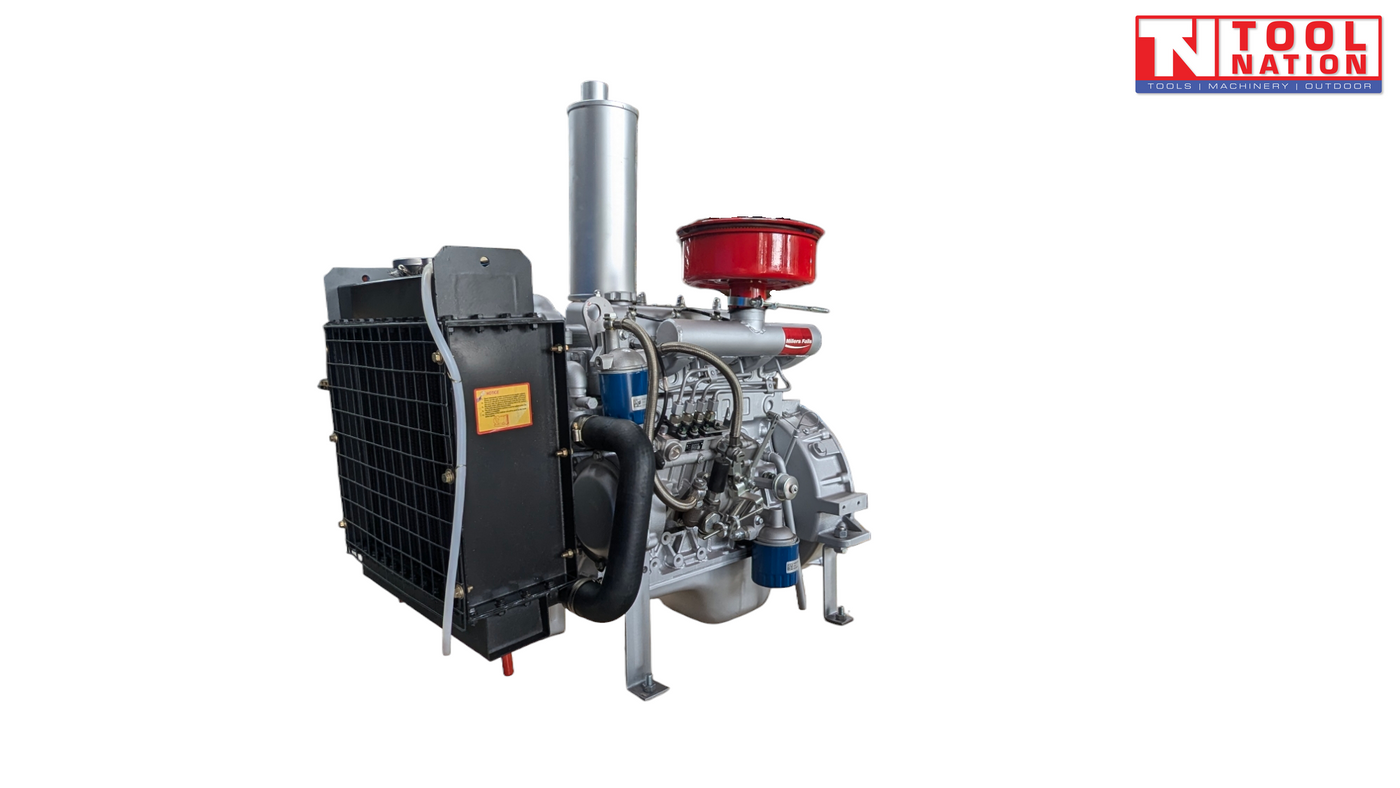 Silver diesel engine shown from the radiator side with a black radiator, red air filter, vertical silver exhaust, blue filters, hoses and Tool Nation logo.