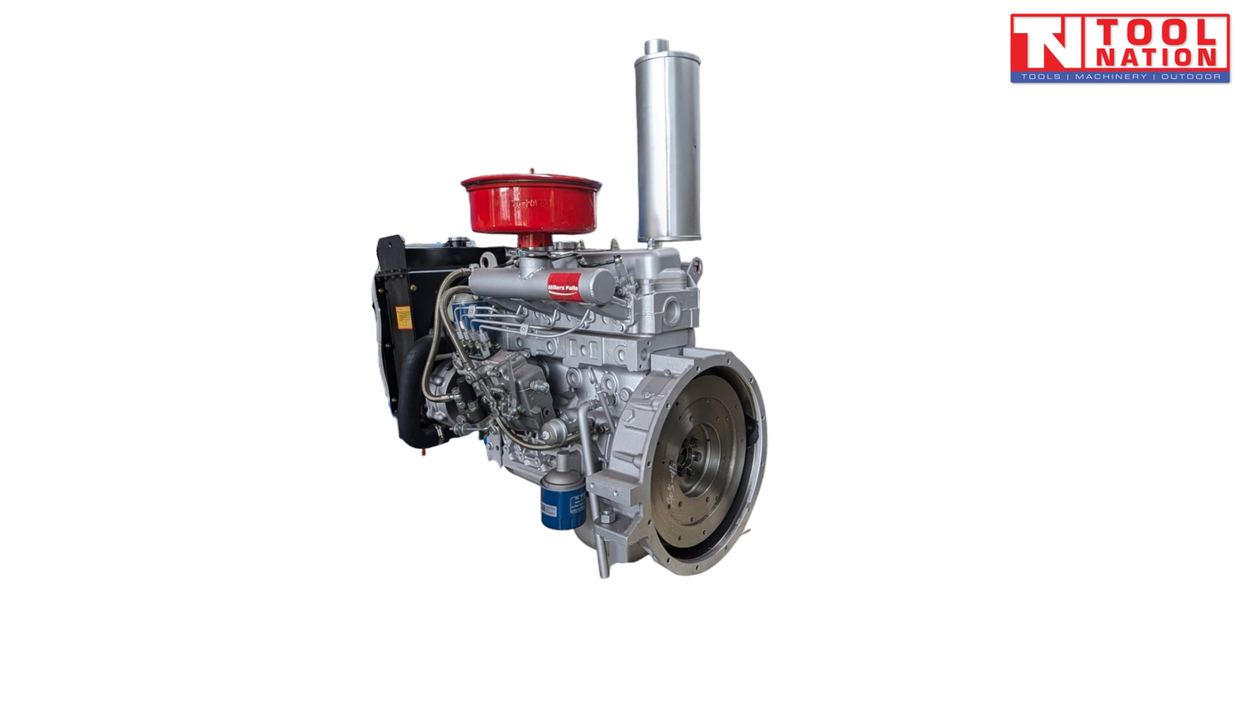 Silver diesel engine shown from the flywheel side with a red air filter, vertical silver exhaust, blue filter, hoses and Tool Nation logo.