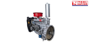 Silver diesel engine shown from the flywheel side with a red air filter, vertical silver exhaust, blue filter, hoses and Tool Nation logo.