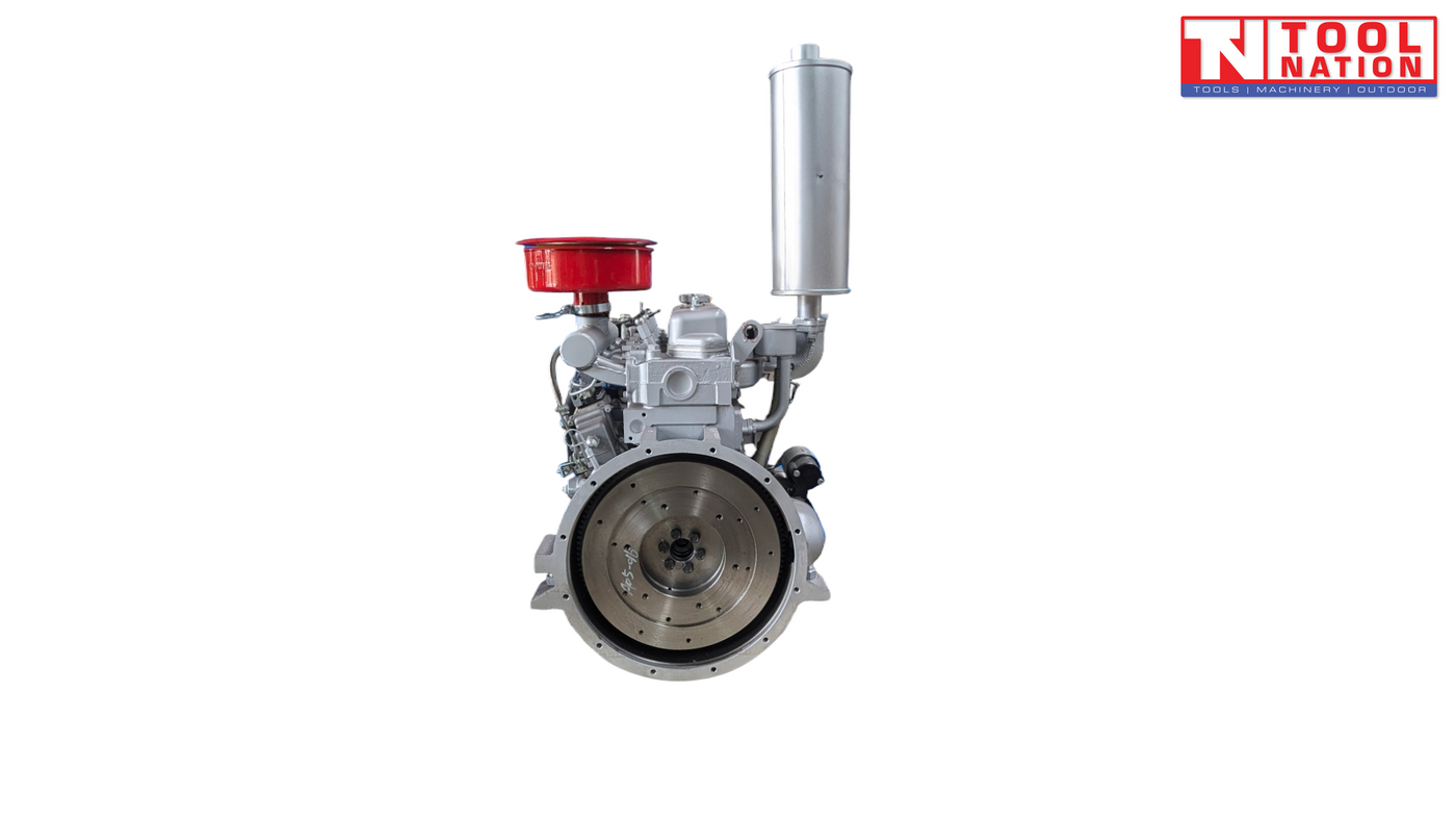 Diesel engine shown from the flywheel end with a large circular flywheel, red air filter, vertical silver exhaust and Tool Nation logo.