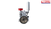 Diesel engine shown from the flywheel end with a large circular flywheel, red air filter, vertical silver exhaust and Tool Nation logo.