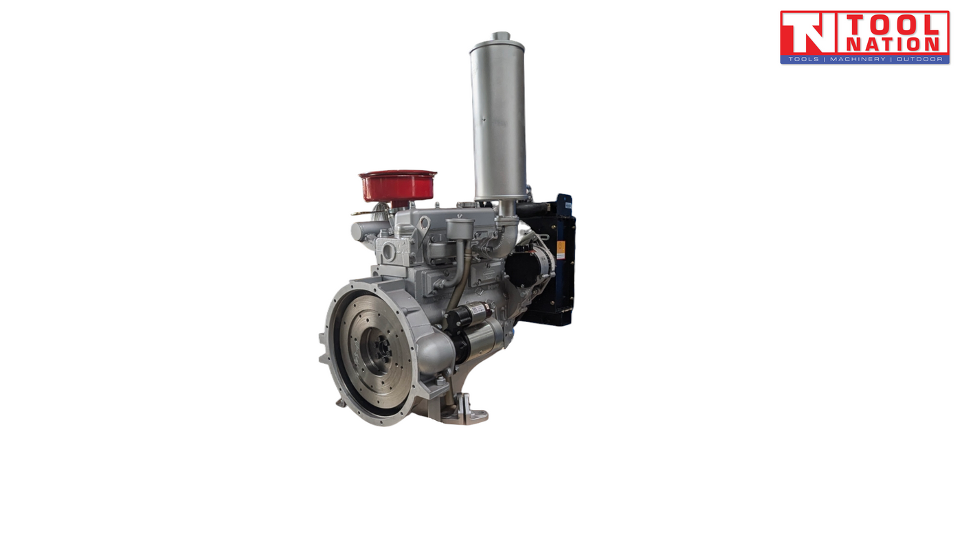 Silver diesel engine shown from the flywheel side with a large circular flywheel, vertical silver exhaust, red air filter and Tool Nation logo.