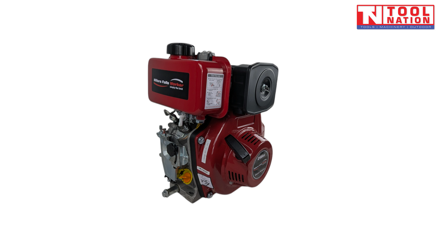 Side view of a red, black and silver diesel engine showing the output shaft, black exhaust cover, red fuel tank, bolts and metal engine housing.