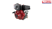 Side view of a red, black and silver diesel engine showing the output shaft, black exhaust cover, red fuel tank, bolts and metal engine housing.