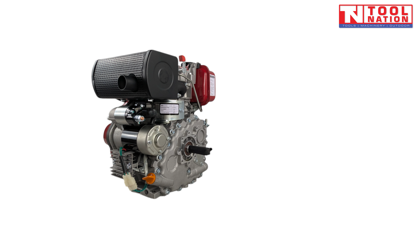 Rear view of a red and silver diesel engine showing the red fuel tank, Millers Falls Worker label, black cap, recoil handle and metal engine housing.