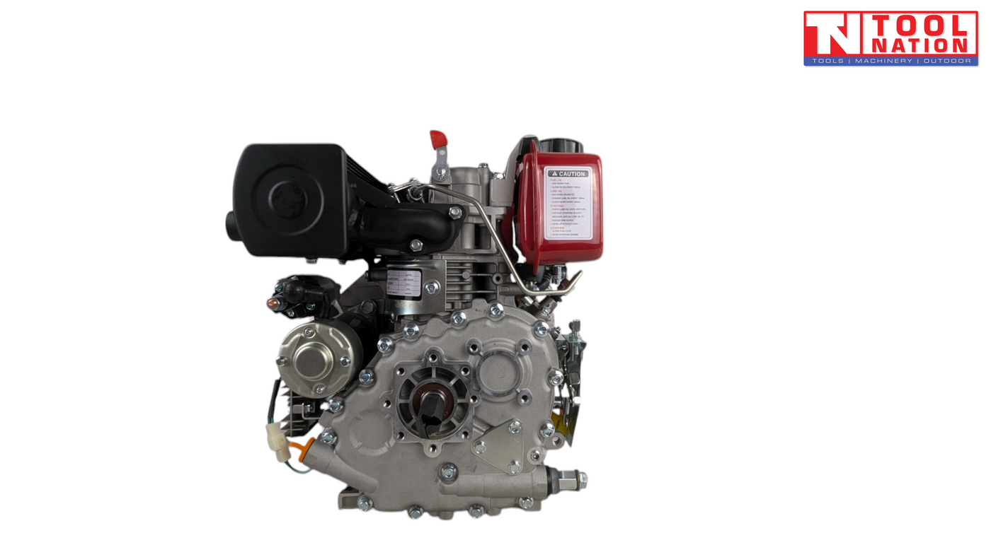 Rear view of a red and silver diesel engine showing the red fuel tank, Millers Falls Worker label, black cap, recoil handle and metal engine housing.