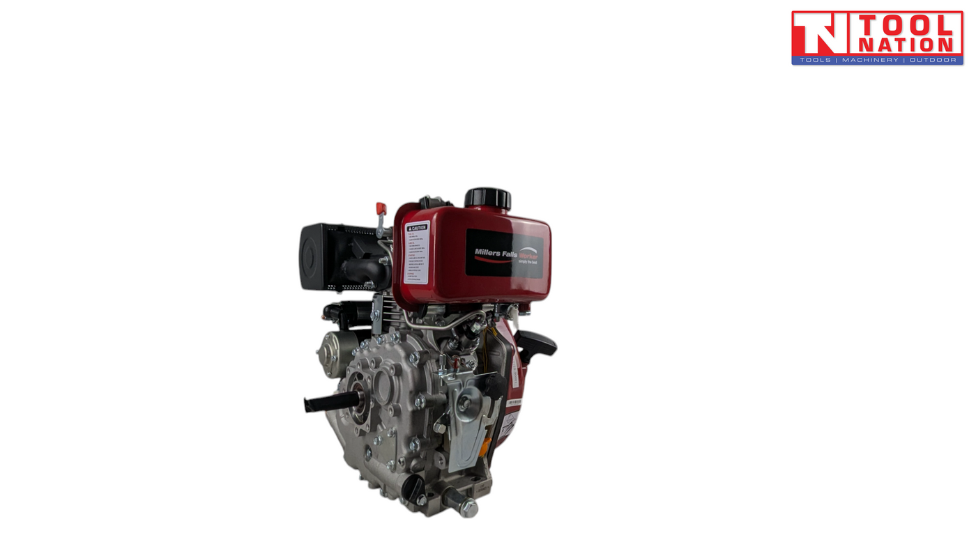 Rear view of a red and silver diesel engine showing the red fuel tank, Millers Falls Worker label, black cap, recoil handle and metal engine housing.