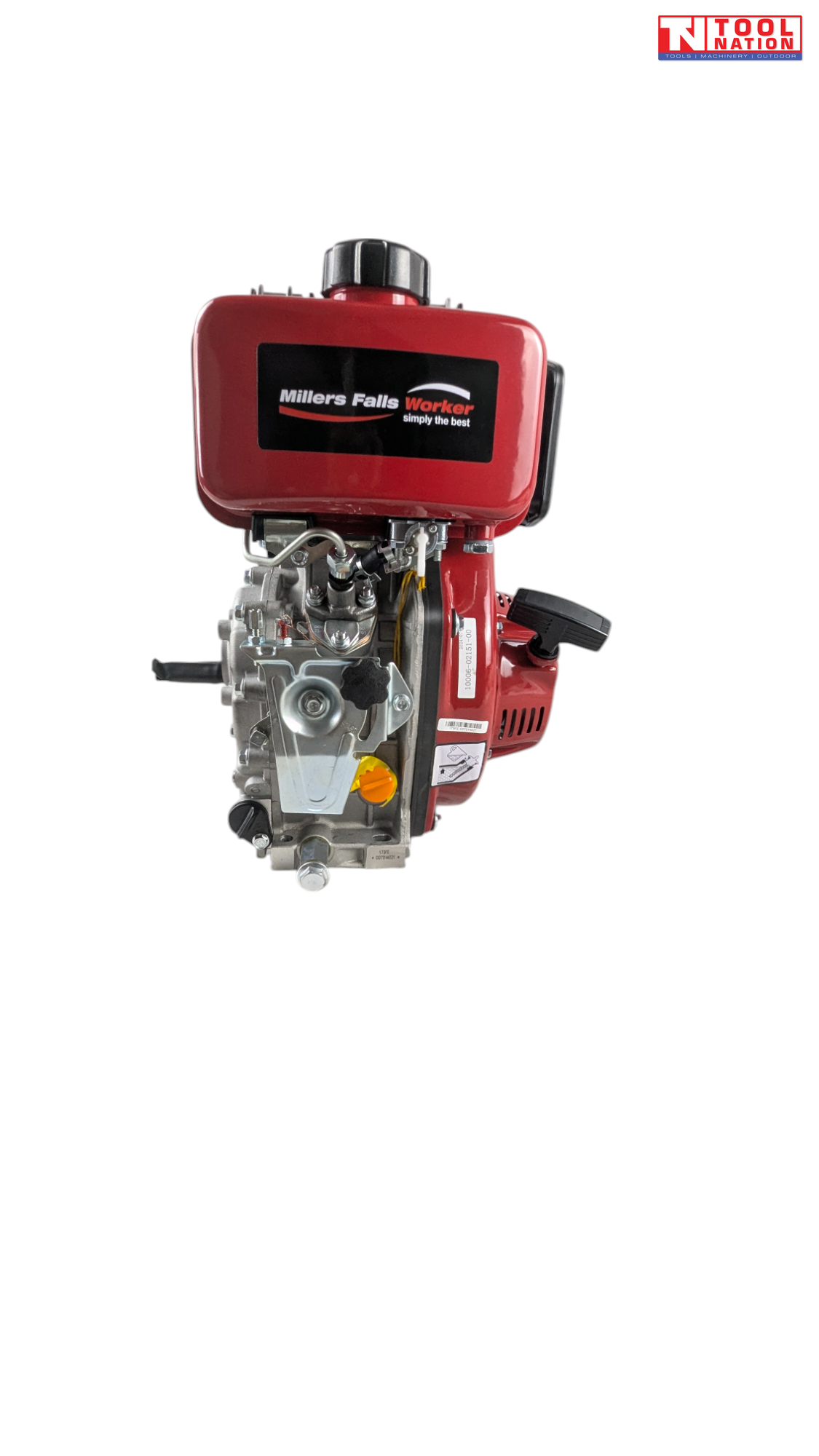 Side view of a red, black and silver diesel engine showing the black perforated exhaust cover, starter motor, recoil housing, wiring and orange cap.