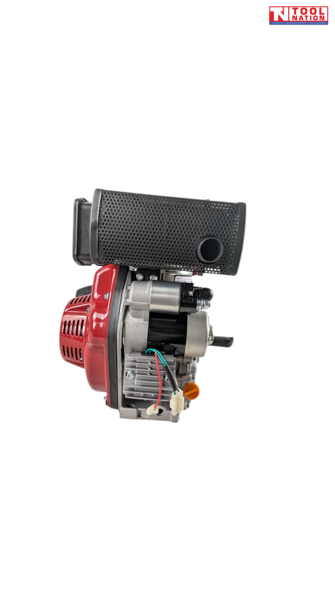 Side view of a red, black and silver diesel engine showing the black perforated exhaust cover, starter motor, recoil housing, wiring and orange cap.