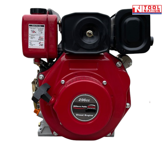 Red diesel engine shown from the front with recoil housing, black air filter cover, black exhaust cover, red fuel tank, pull handle and Tool Nation logo.