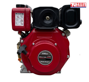 Red diesel engine shown from the front with recoil housing, black air filter cover, black exhaust cover, red fuel tank, pull handle and Tool Nation logo.